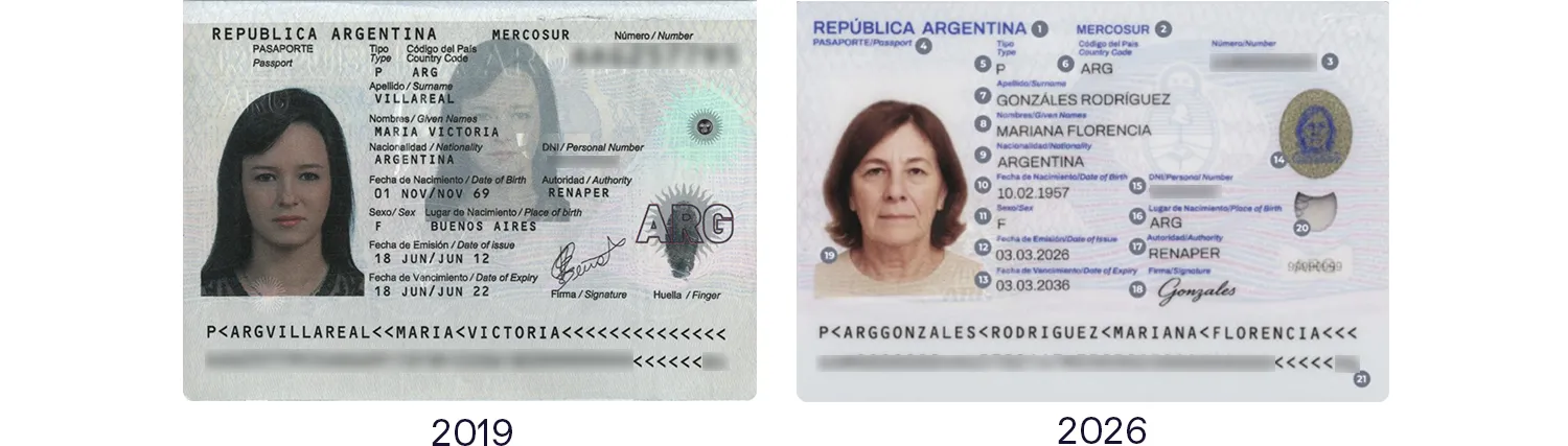Old and new Argentine passport data pages, 2019 and 2026 series